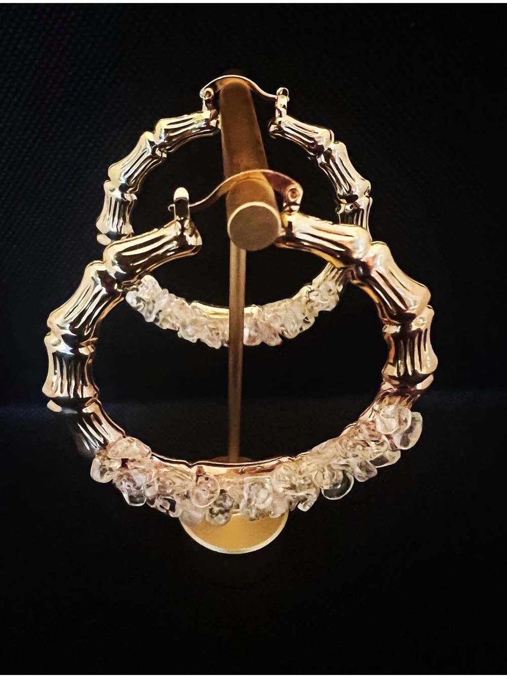 Gold Bamboo Hoop Earrings with Clear Crystal Quartz Crystals